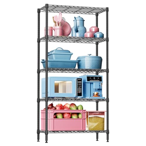 IZEUK 5 Tier Black Metal Storage Shelves, Heavy Duty Wire Shelving Rack for Garage, Kitchen, Bathroom, or Laundry Organization, 1250 lbs Capacity, 13.8" D x 35.4" W x 68.5" H - color: Black, size: 5 Tier, 13.8" D x 35.4" W x 68.5" H