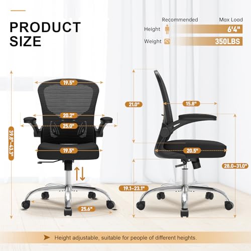 Office Chair, Ergonomic Desk Chairs 330LBS Capacity High Back Mesh Computer Chair with Flip-up Armrests, Comfy Work Chair with Adjustable Lumbar Support, Rolling Chair - color: Black-chrome