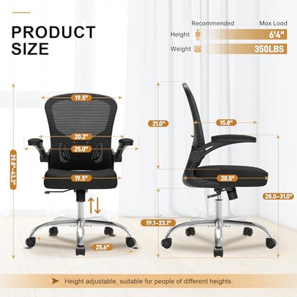 Office Chair, Ergonomic Desk Chairs 330LBS Capacity High Back Mesh Computer Chair with Flip-up Armrests, Comfy Work Chair with Adjustable Lumbar Support, Rolling Chair - color: Black-chrome