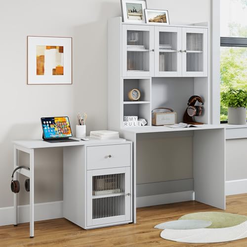Computer Desk with 90 Degree Rotating Desktop| Space-Saving Bookshelf Hutch with Glass Cabinet Doors, Open Shelves & Drawer Work Desk for Home Office/Bedroom/Living Room| Anti-Tip Device (White) - color: White