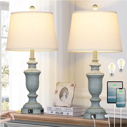 Cinkeda 25.6" Blue Table Lamps Set of 2 with USB C+A Ports & AC Outlet for Coastal Living Room Bedroom,3-Way Dimmable Farmhouse Touch Lamp Bedside Lamps for Nightstand,Retro Blue - color: Coastal