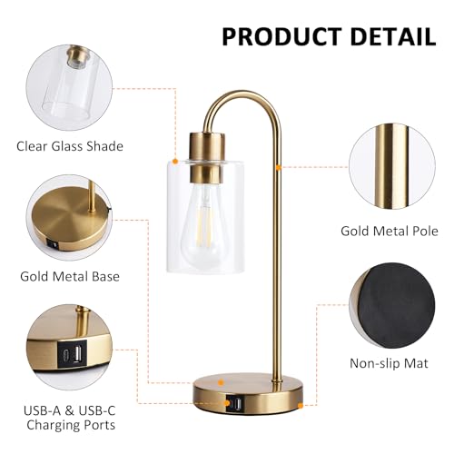 Gold Table Lamp with USB Port, 3 Way Dimmable Touch Control Bedside Lamp, Modern Nightstand Lamp with Glass Shade, Industrial Table Lamp for Bedroom Office, USB A & C, LED Bulb Included - size: 1 Pack