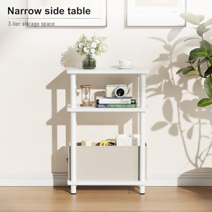 Apicizon Small Narrow Side Table, 3-Tier Skinny End Table with Fabric Basket, Slim Nightstand Bedside Table for Small Spaces, Living Room, Bderoom, White - color: White, style: Narrow Side Table with Basket
