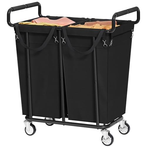Gewudraw 2 Bag Laundry Hamper with Wheels Medium Size, 250L, Black | Rolling Laundry Basket, Steel Frame, Removable Liner, Heavy Duty Rolling Laundry Cart with Handle for Laundry Room, Bathroom - color: Black, size: 2-Section-250L