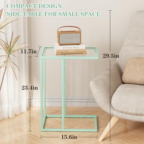 Easy Paws C Shaped Table,Glass Side End Table for Sofa,Tempered Glass Snack Couch Dinner Tv Tray Table with Metal Frame,Small Bedside Nightstand Table for Small Space(Green) - color: Green