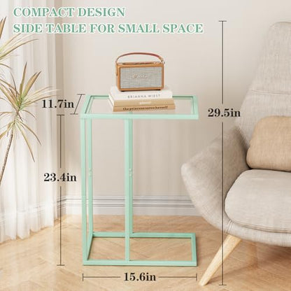 Easy Paws C Shaped Table,Glass Side End Table for Sofa,Tempered Glass Snack Couch Dinner Tv Tray Table with Metal Frame,Small Bedside Nightstand Table for Small Space(Green) - color: Green