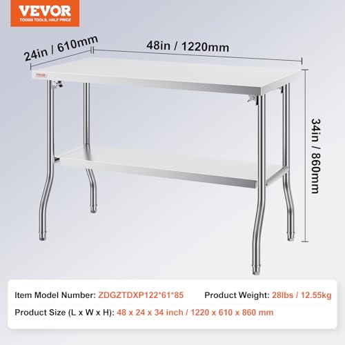 VEVOR Stainless Steel Foldable Work Table, 48 * 24 Inch Heavy Duty Food Outdoor Double Layer Stainless Steel Worktable for Commercial Kitchen Restaurant - size: Double layer 48 * 24, style: Foldable