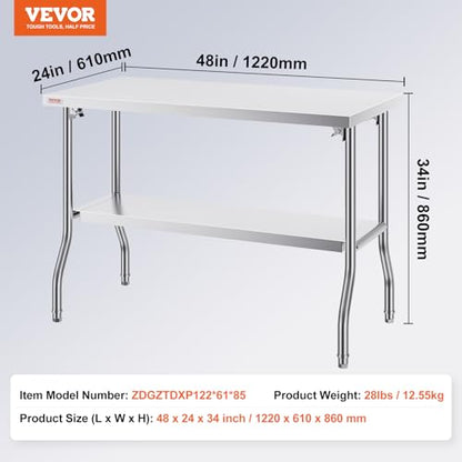 VEVOR Stainless Steel Foldable Work Table, 48 * 24 Inch Heavy Duty Food Outdoor Double Layer Stainless Steel Worktable for Commercial Kitchen Restaurant - size: Double layer 48 * 24, style: Foldable