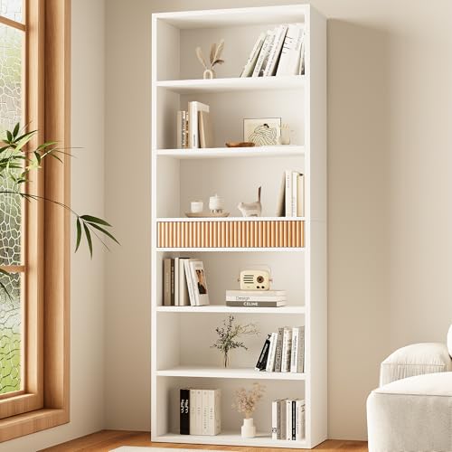 INNOD 72" Tall Bookshelf with Storage, 7-Tier Bookcase Fluted with Drawer, Display Book Shelf Book Organizer with Anti-tip Device, Home Decor Wood Furniture for Bedroom, Living Room and Office, White
