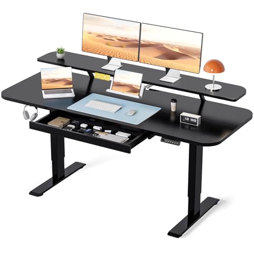 COMHOMA Electric Standing Desk with Drawers, 55 x 24 Inch Sit Stand up Desk with Monitor Stand, Laptop Stand, Height Adjustable Home Office Computer Desks with Memory Preset Controller (Black) - color: Black, size: 55 x 24 Inch