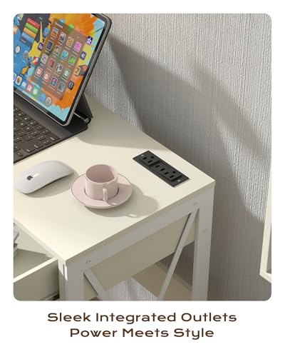 Manora Compact Computer Desk with Power Outlets, 2 Drawers, and Metal Frame, 31.5" Small Desk for Home Office, Study, or Makeup Area, White