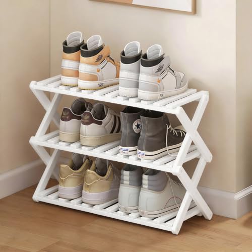 3 Tier Bamboo Shoe Rack White,Portable Folding Shoe Storage Rack,Without Installation Small Shoe Rack Perfect for Corridors, Drom, Bedrooms and Small Spaces - color: White, size: 3 Tier