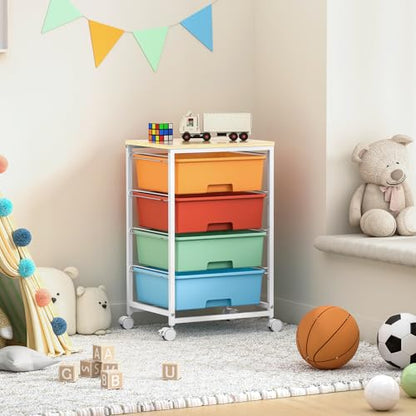 SYKIARIOL Rolling Cart with Drawers, 4-Drawer Utility Cart, Macaron | Storage Cart with 4 Drawers and Wooden Tabletop & Lockable Wheels for Home Office, Bedroom, Kids Room, Classroom,4 Tiers - color: Macaron
