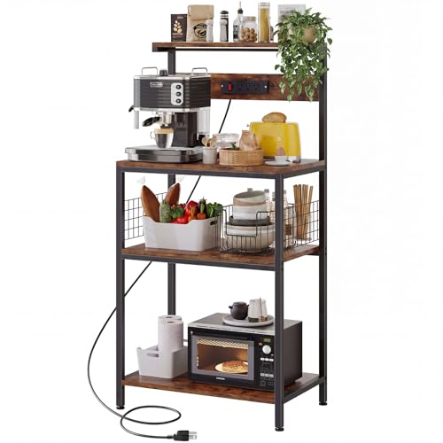 DUMOS Small Bakers Rack with Power Outlet for Kitchen Storage, 23.6" Microwave Stand, Appliance Organizer with 3 Adjustable Tiers for Small Apartment, Coffee Station, Counter Space Saving, Brown - color: Brown, size: 23.6 inch