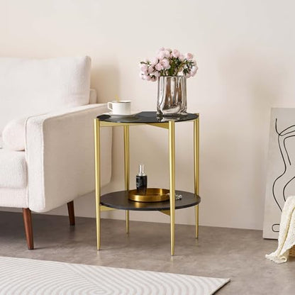 LumFurn Round Glass End Table, Mid-Century Modern Design Sofa Table for Living Room, D18 x H23 in, 2-Tier Structure, Grey Glass Top and Black Marble Shelf, Sleek Conical Legs with Gold Finish Frame - color: Grey & Black Marble, size: D18" Round End Table