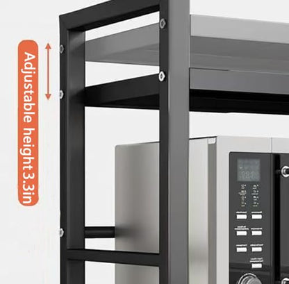 Extendable Microwave Oven Rack, 15.7~24.8" L Expandable Microwave Stand with Storage Shelf Heavy Duty with 6 Hooks and Chopsticks Cutting Board Holder for Kitchen Countertop - color: Black