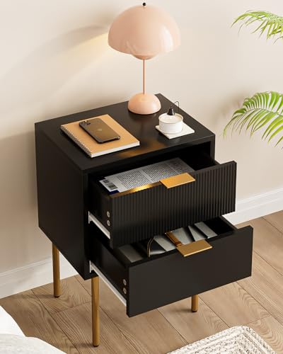 Nightstand,Small Bedside Table with Gold Frame,Black Night Stand,Bedside Furniture,Side Table with 2Drawers for Bedroom,Living Room - color: Black., style: 2Drawers