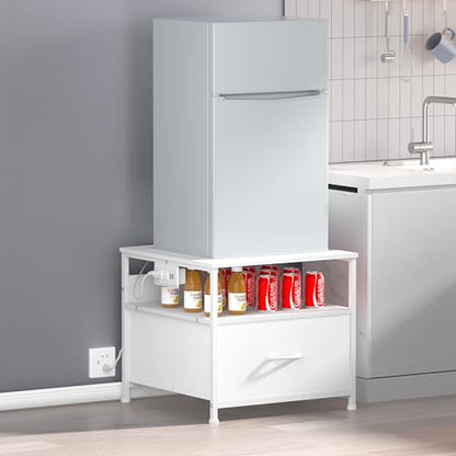 Unionly Mini Fridge Stand with drawer Storage,shelf & Power Outlet | 180lb Mini Fridge Table with Charging Station,Heavy duty small refrigerator shelf,end table for Living Room,Home Kitchen - color: White