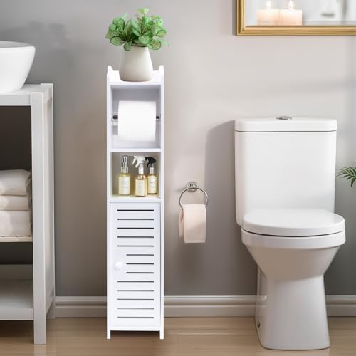 ShellKingdom Toilet Paper Holder Stand with Rod, Small Bathroom Cabinet | Slim Storage Cabinet for Bathroom Small Spaces Corner Floor with Doors and Shelves, White - size: 29.52 x 5.9 x 5.9 inch