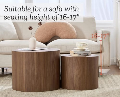 EALSON Nesting Coffee Tables Set of 2 Farmhouse Small Round End Tables Modern Wood Circle Side Table Drum Table for Living Room Small Spaces Bedroom Balcony, No Assembly, Walnut - color: Walnut
