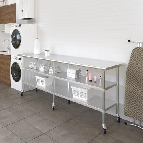 AmGood Stainless Steel Work Table with 2 Shelves and Casters | Metal Utility Table On Wheels (Stainless Steel, 96" Long x 24" Deep) - size: 96" Long x 24" Deep