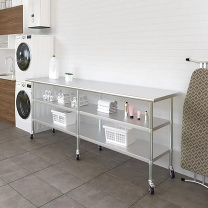 AmGood Stainless Steel Work Table with 2 Shelves and Casters | Metal Utility Table On Wheels (Stainless Steel, 96" Long x 24" Deep) - size: 96" Long x 24" Deep