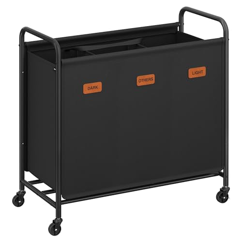 SONGMICS 3-Section Laundry Sorter, Laundry Hamper with Wheels, Rolling Clothes Hamper Cart with Large Capacity and Removable Bags, for Laundry Room, Bedroom, Bathroom, Ink Black URLS330B01 - color: Ink Black, size: 170 L