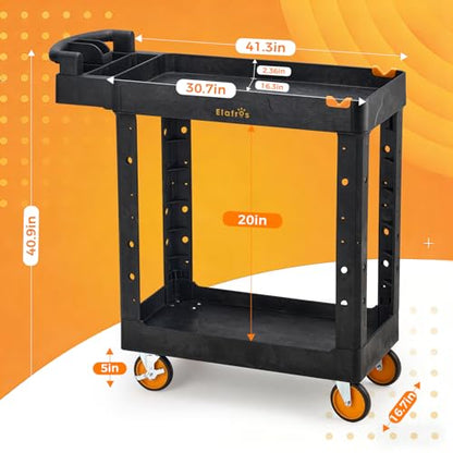 ELAFROS 2-Tier Rolling Utility Cart, 41.3 x 16.8 x 40.9 in | 550 lbs Capacity, Deep Shelves, 5" Swivel Casters, Locking Brakes, Tool Service Cart, Garage Workshop Office