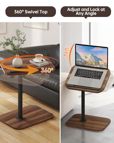 TV Tray Table with Adjustable Height & 360° Swivel Top, Walnut | End Table with Rounded Corners,Side Table for Eating, Living Room, Small Spaces