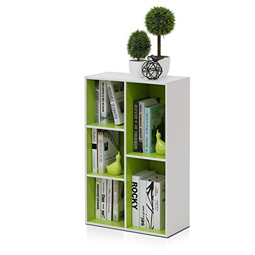 Furinno LUDER Book Shelf, 5-Cube Bookshelf, Reversible Bookcase, 9.4 x 19.5 x 31.5, Easy Assembly, for Living Room, Bedroom, Home Office, White/Green - color: White/Green, size: 5-Cube