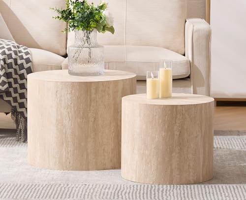 EALSON Nesting Coffee Tables Set of 2 Farmhouse Small Round End Tables Modern Circle Side Table Drum Table for Living Room/Small Spaces/Bedroom/Balcony, No Assembly, Travertine - color: Travertine