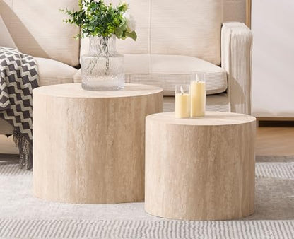 EALSON Nesting Coffee Tables Set of 2 Farmhouse Small Round End Tables Modern Circle Side Table Drum Table for Living Room/Small Spaces/Bedroom/Balcony, No Assembly, Travertine - color: Travertine