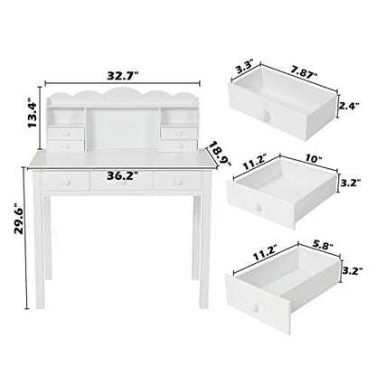 ADORNEVE White Home Office Desk with 7 Drawers and Hutch | Writing Desk, Student Desk Study Table, Small White Desks, Solid Pine Wood Legs - color: White, size: 36.2*19inch