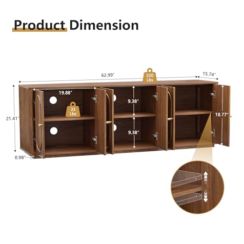 63'' Fluted Sideboard Buffet Cabinet with Storage and 6 Doors, Low Storage Cabinet Modern Wooden Accent Credenza Console Table for Kitchen Dining Living Room Entryway, (63"W*15.75"D*21.4"H) Walnut