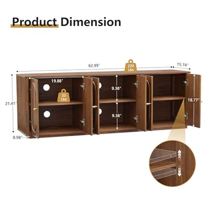 63'' Fluted Sideboard Buffet Cabinet with Storage and 6 Doors, Low Storage Cabinet Modern Wooden Accent Credenza Console Table for Kitchen Dining Living Room Entryway, (63"W*15.75"D*21.4"H) Walnut