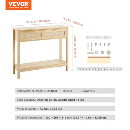 VEVOR Rattan Console Table with 2 Storage Drawers, Rattan Entryway Table with Natural Rattan Sliding Door, Console Sofa Table for Living Room, Study, Entryway Or TV Wall, Natural - size: 2 Drawers-Rectangular