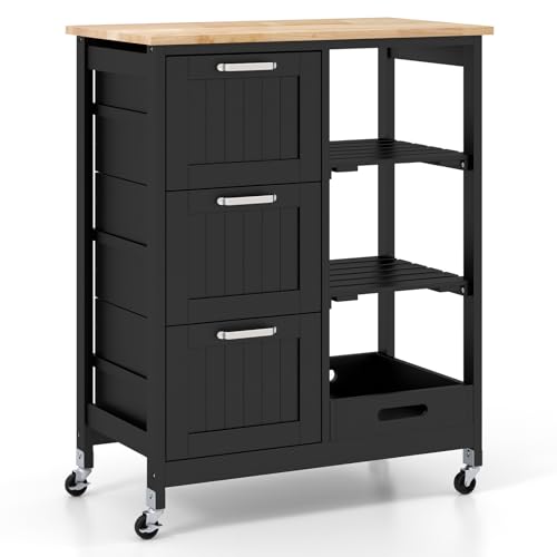 Giantex Kitchen Island Cart with Storage, Bar Serving Cart on Wheels with 3 Deep Drawers, Open Shelves & Removable Tray, Rolling Kitchen Trolley Cart for Home Kitchen, Dining Room, Bar - color: Black