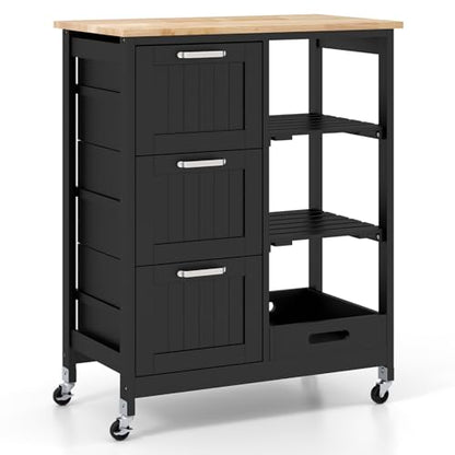 Giantex Kitchen Island Cart with Storage, Bar Serving Cart on Wheels with 3 Deep Drawers, Open Shelves & Removable Tray, Rolling Kitchen Trolley Cart for Home Kitchen, Dining Room, Bar - color: Black