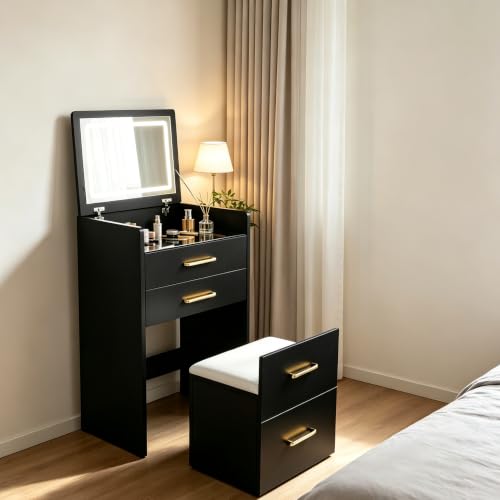 3-in-1 Black Gold Vanity Desk, Compact Makeup Vanity Set with Flip-up Mirror, Visible Glass Desktop, 3 Drawers, Hidden Storage, Multifunctional Dressing Table Nightstand Combo for Small Bedroom