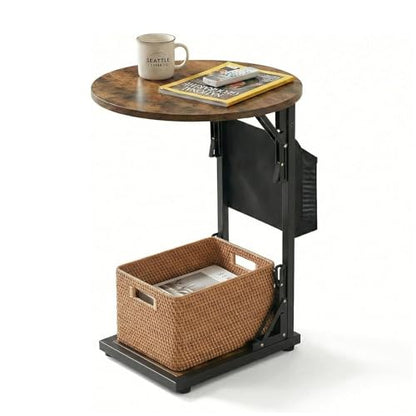 Foldable C Shaped End Table, 15.7" Couch Side Table with Storage Pocket, Slides Under Sofa