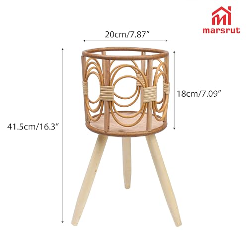 Rattan Plant Stand, Wicker Plants Baskets Indoor, Small, Cute Handmade Woven Wooden Planter with Legs, Boho Style Hollow Flowers Display Rack Straw Standing Floor Stool Shelf for Pot Holder Outdoor Decorations