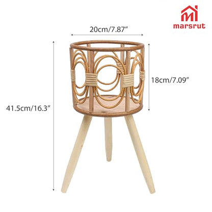 Rattan Plant Stand, Wicker Plants Baskets Indoor, Small, Cute Handmade Woven Wooden Planter with Legs, Boho Style Hollow Flowers Display Rack Straw Standing Floor Stool Shelf for Pot Holder Outdoor Decorations