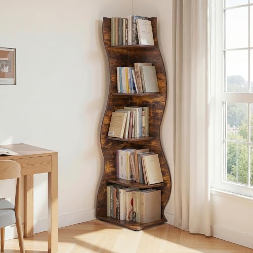 VECELO Wavy Corner Shelf, Decorative 5-Tier Storage Bookshelf, 70.1” Tall Freestanding Display Bookcase for Small Spaces, Living Room or Bedroom, Rustic Brown - color: Brown, size: 1pc