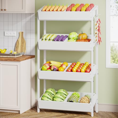 Tribesigns Wood Fruit and Vegetable Basket Stand Rack for Kitchen, Office, Store, Supremarket, Pantry Shelf Unit for Snacks, 4-Tier Wooden Utility Storage Shelves (White) - color: White