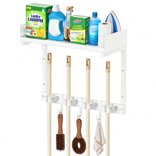 HUFAND Broom Holder Wall Mount, 15" Large Mop and Broom Organizer Wall Hanging with Top Storage Shelf, Heavy Duty Iron Utility Rack for Laundry Room, Garage, Kitchen, Garden - White - color: White, size: Small