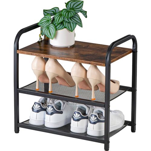 Small Narrow Shoe Rack for Entryway Closet,17.32" X 10.24" X 16.93" | 3-Tier Shoe Storage Organizer Wood, Heavy-Duty Metal Mesh Shelves, Rustic Wooden Top, Front Door Entrance Shoe Shelf 6 Pairs - size: 17.32" X 10.24" X 16.93"