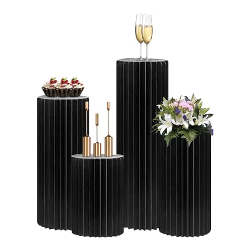 4Pack Cylinder Stands for Party, Foldable Cardboard Columns with 4 Clear Round Top Plates, Cake Display Pedestal Stand for Wedding Banquet Vendor Events Decorative (Black) - color: Black