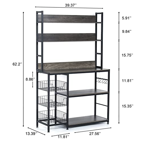 Kitchen Bakers Rack with Baskets,Free Standing Shelf,5-Tier Kitchen Utility Storage Shelf with Hooks, Microwave Oven Stand Rack Grey - color: Grey
