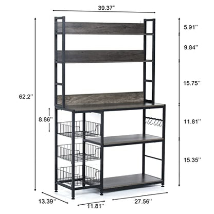 Kitchen Bakers Rack with Baskets,Free Standing Shelf,5-Tier Kitchen Utility Storage Shelf with Hooks, Microwave Oven Stand Rack Grey - color: Grey