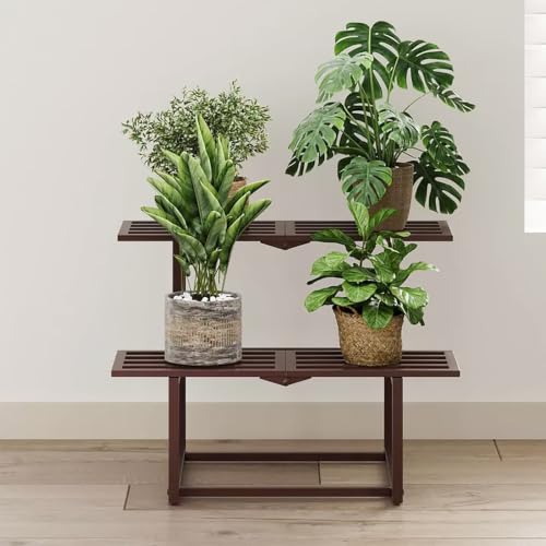 Plant Stand Indoor Outdoor, Foldable Metal Plant Shelf for Multiple Pots, Mid Century Slatted Bench for Patio Garden, Heavy Duty Capacity 330 lbs 2 Tier Coffee - color: 2 tier coffee